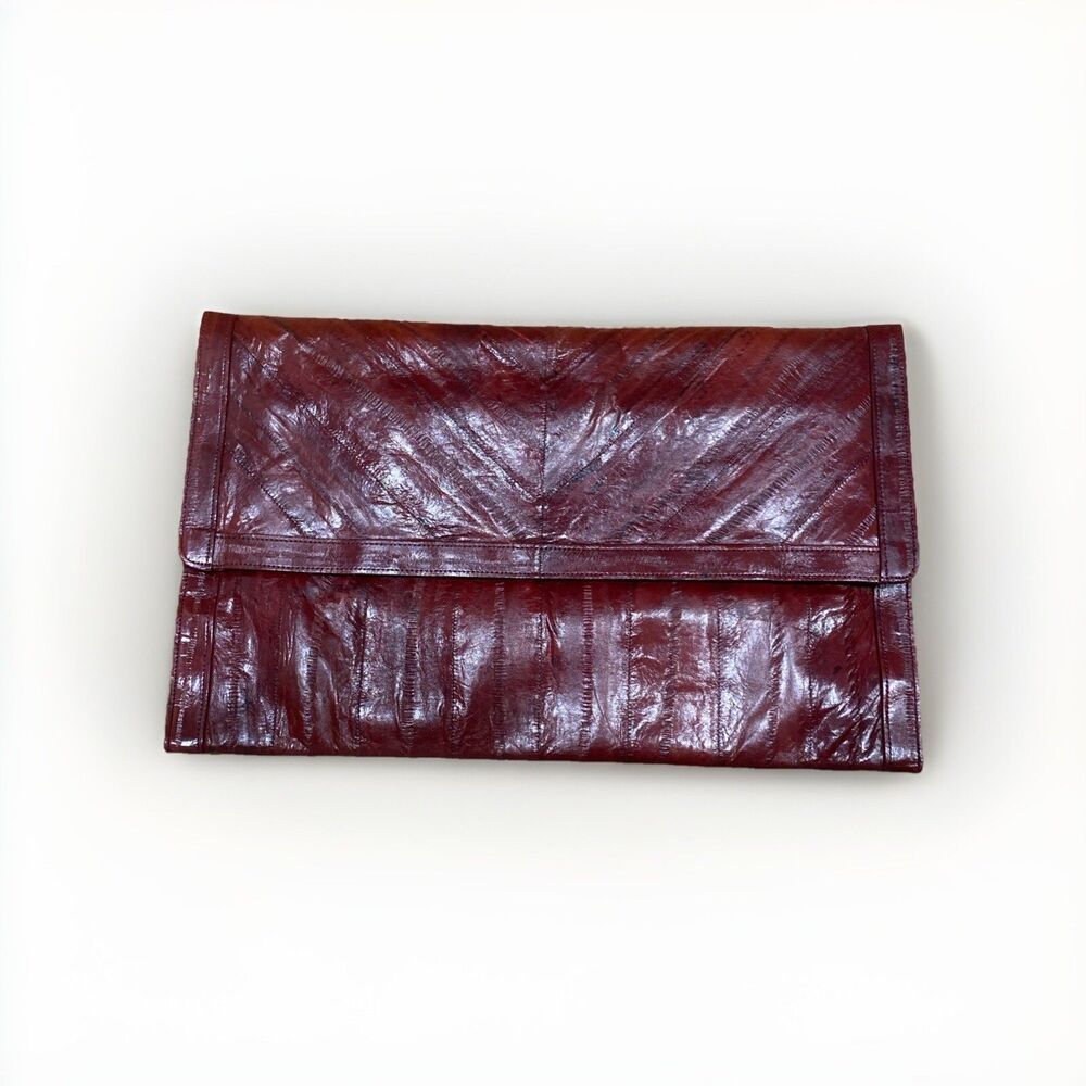 Genuine Eel Skin Leather Handbag Oxblood Red Slim Clutch Purse Bag Vintage